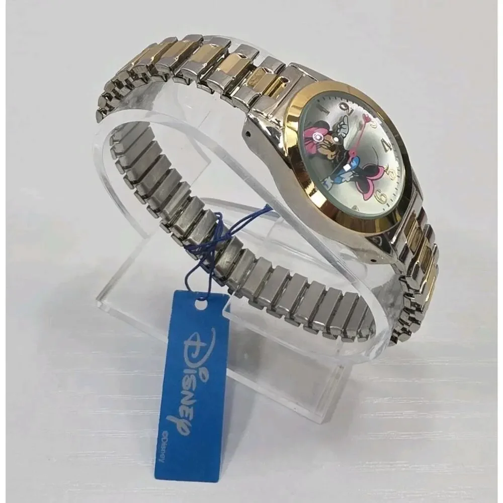 Disney Minnie Mouse High Dome Face Gold & Silver Tone Band Watch New Battery 262